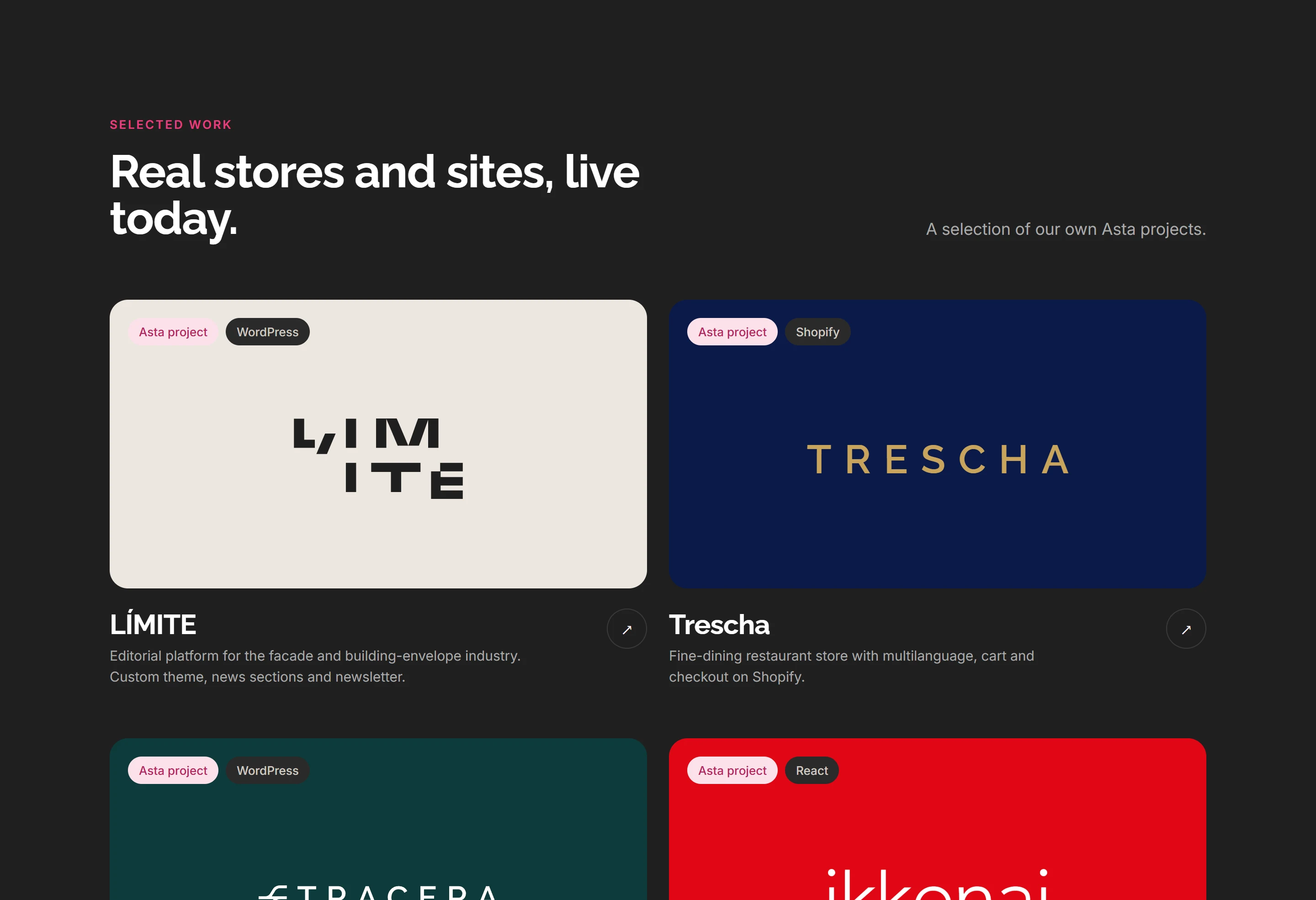 New Selected work section with client brand cards